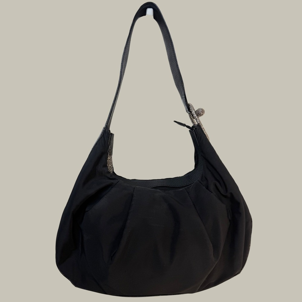 Brighton Black Nylon Croc Embossed Leather Hobo Bag Silver Scroll Buckle E005466